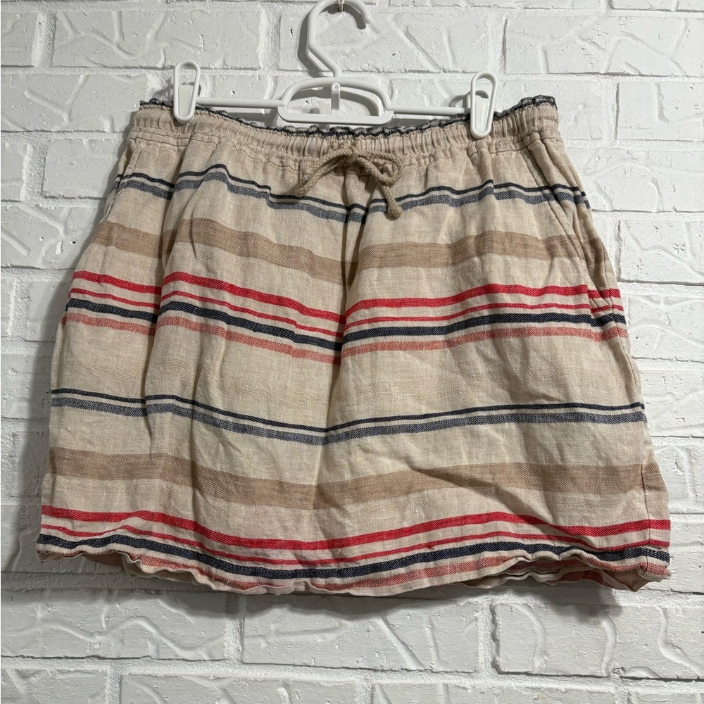 Hinge Striped Linen Mini Skirt Lined Pockets Drawstring